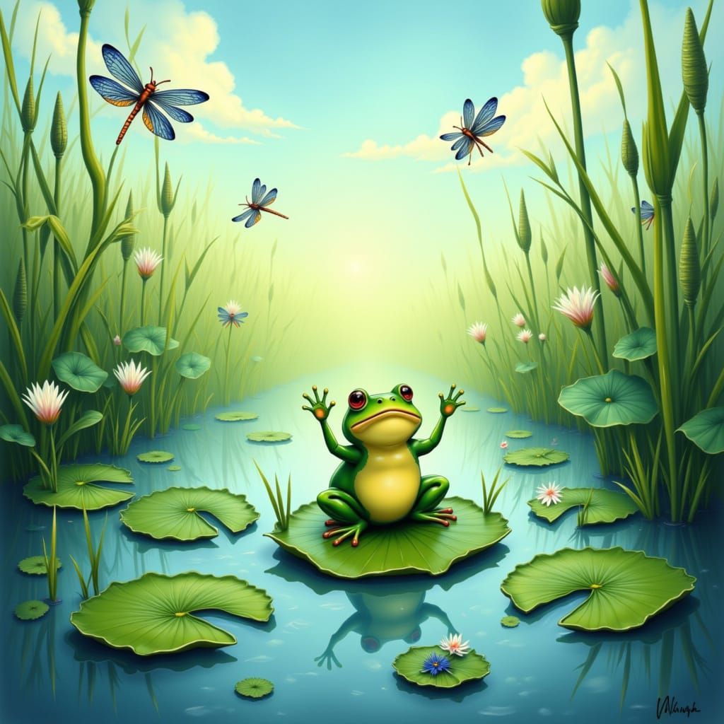 Frog's Triumph on Lily Pad Amidst Dragonflies
