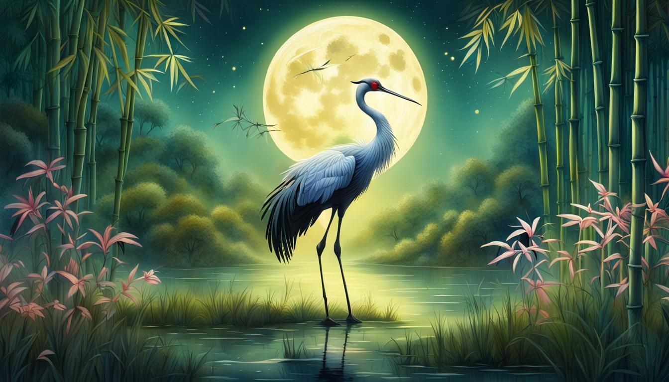 Fantasy Crane in Moonlit Bamboo Forest Painting