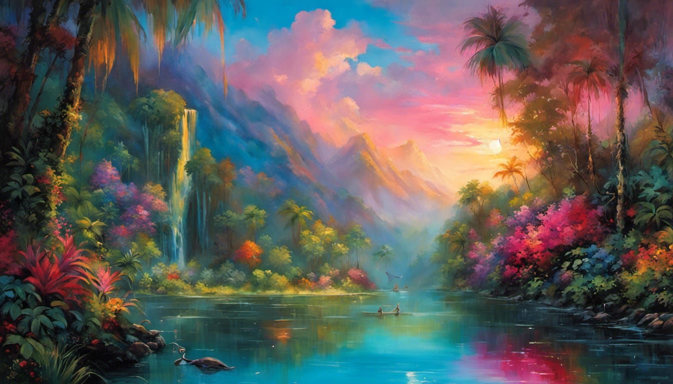 Tropical Jungle Sunset with Mist, Candyland Gouache Style