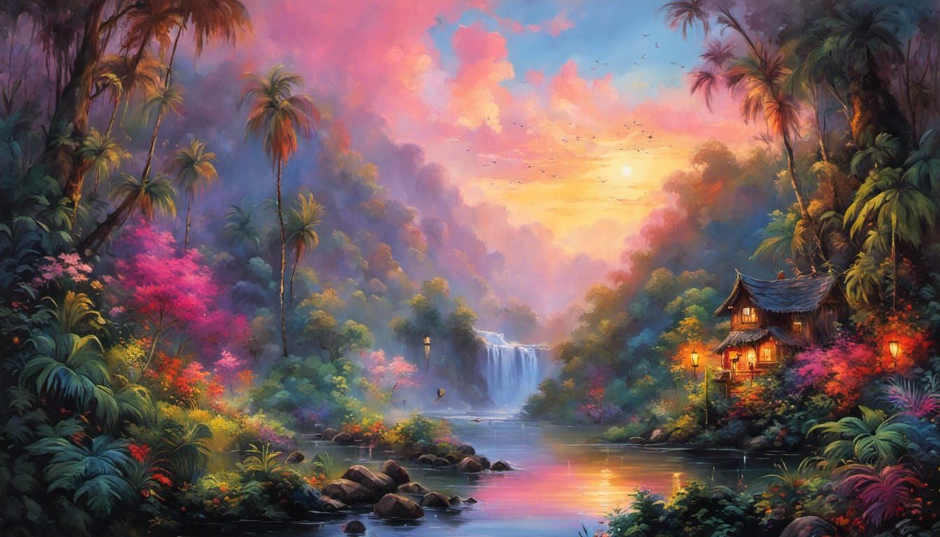 Lush Jungle Sunset: Ethereal Fantasy Art