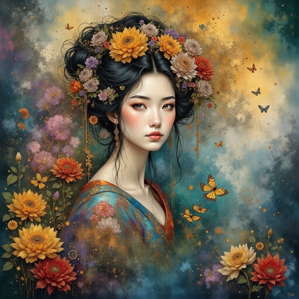 Geisha Gazing at Reflection in Cosmic Garden