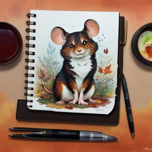 Chibi Mouse on Botanical Sketchbook in Anime Style