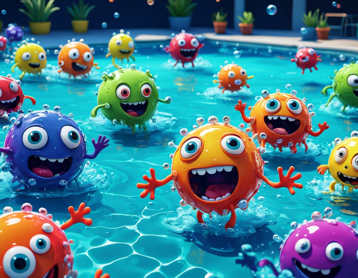 Cartoon Microbes Splashing Joyfully in Vibrant Pool