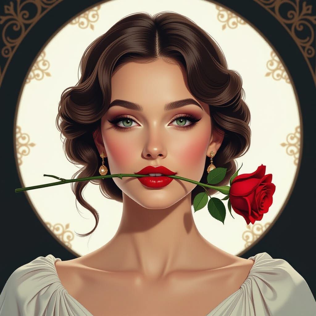 A woman with a red rose in her mouth,