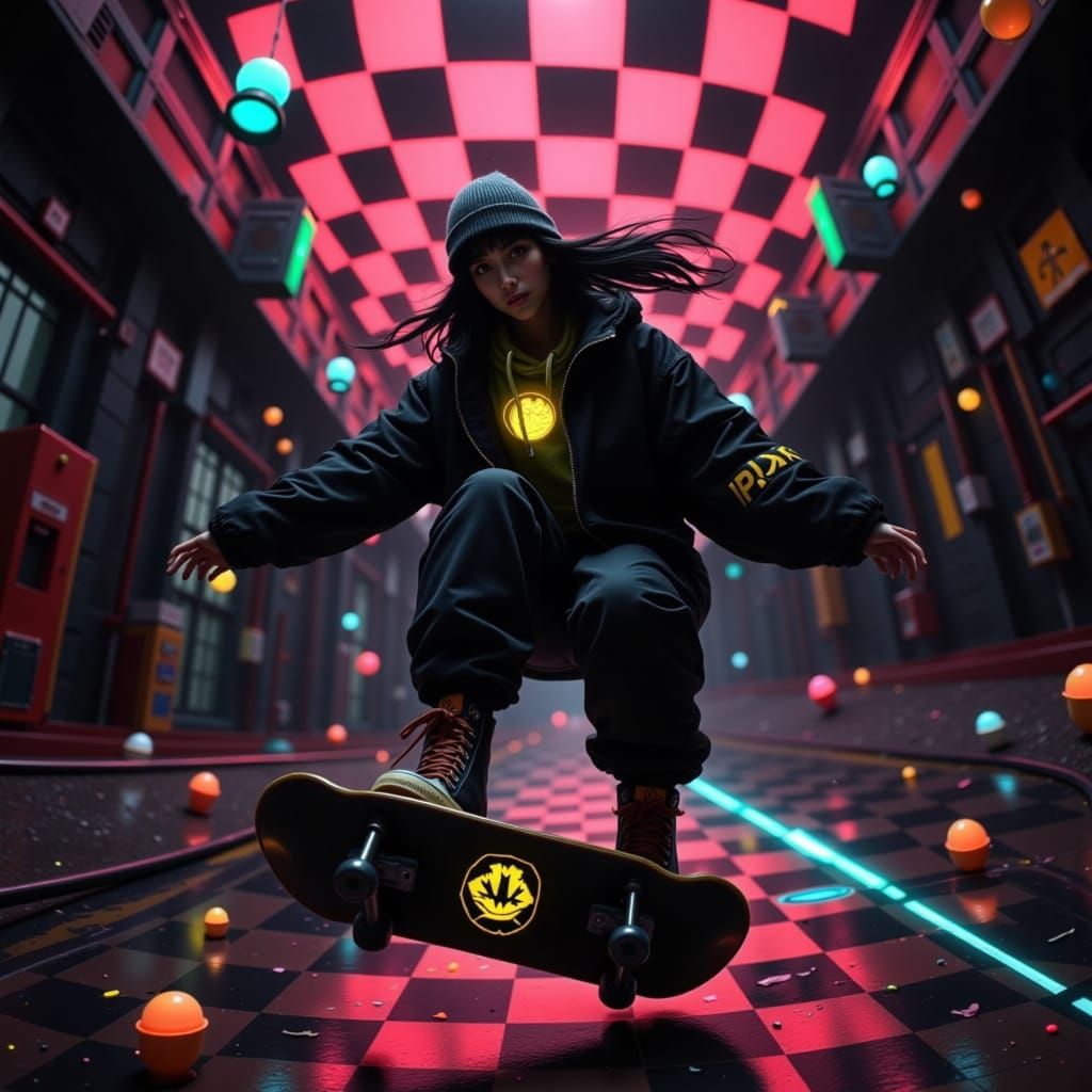 Dynamic Skater in Mid-Air with Retro Checkered Backdrop