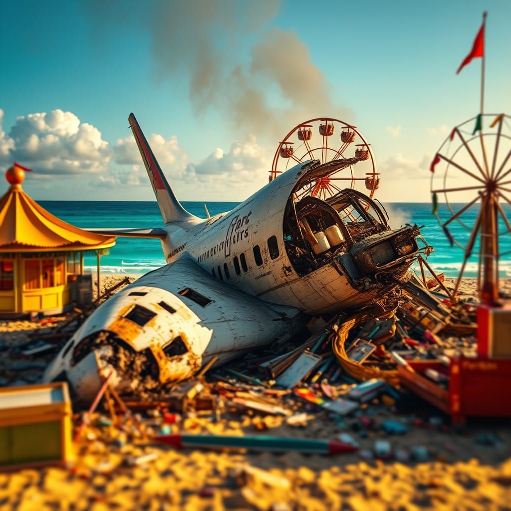 Abandoned Carnival Beach Crash in Tropical Sunset