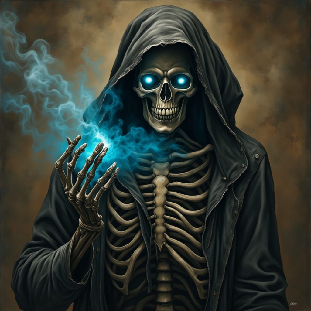 Dark Fantasy Skeleton with Electric Blue Eyes in a Black Hoo...
