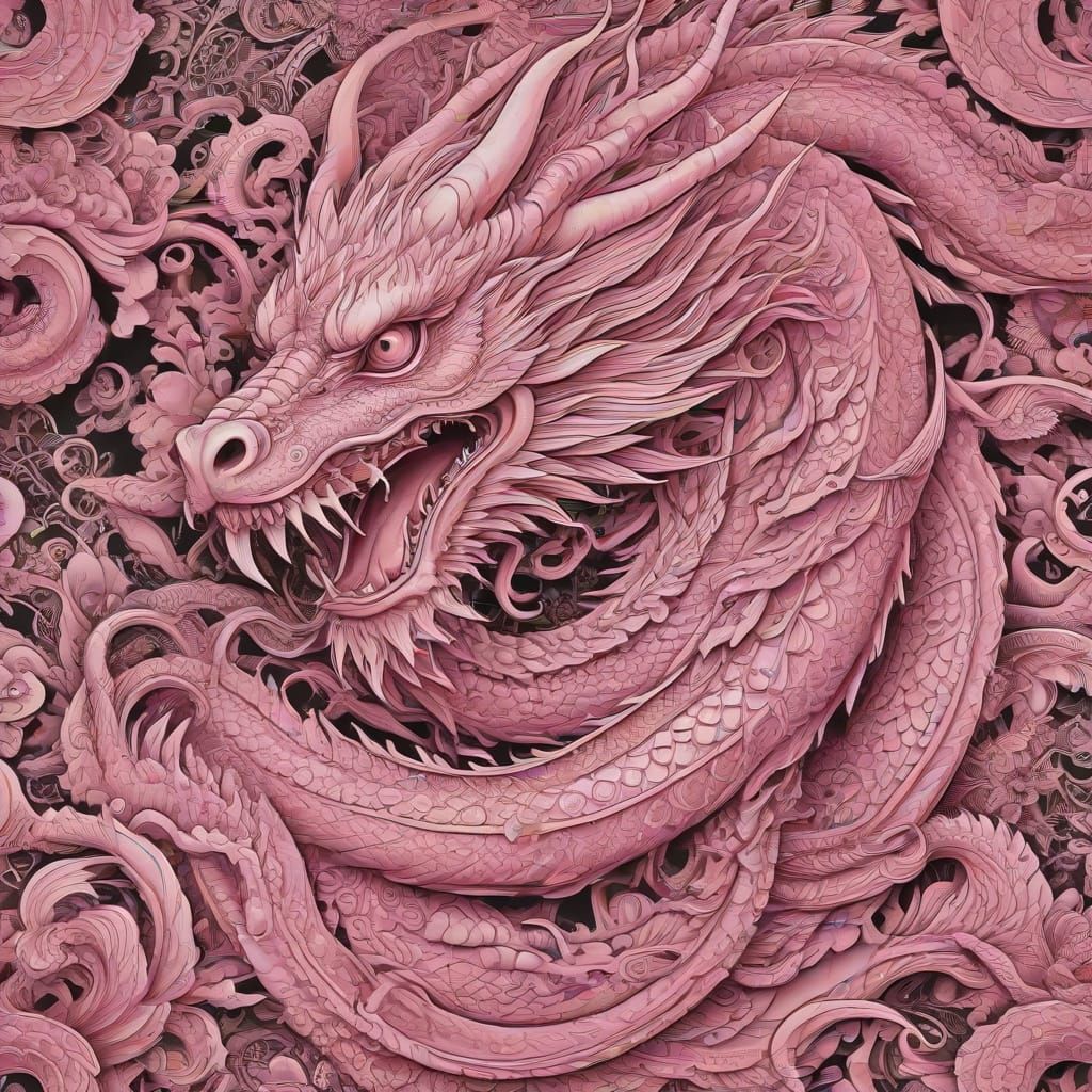 Ornate Pink Chinese Dragon in Fantasy Ink Style