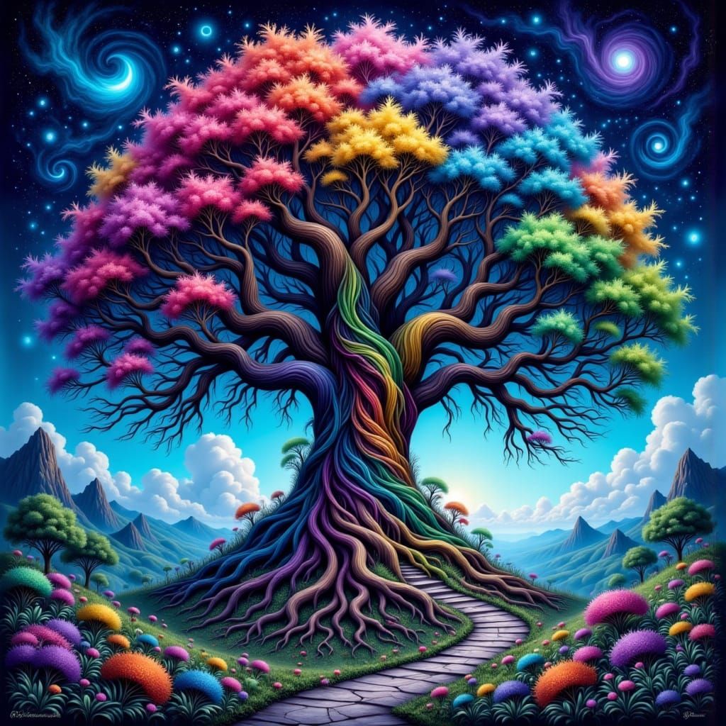 Colossal Rainbow Tree Under Nebula Sky