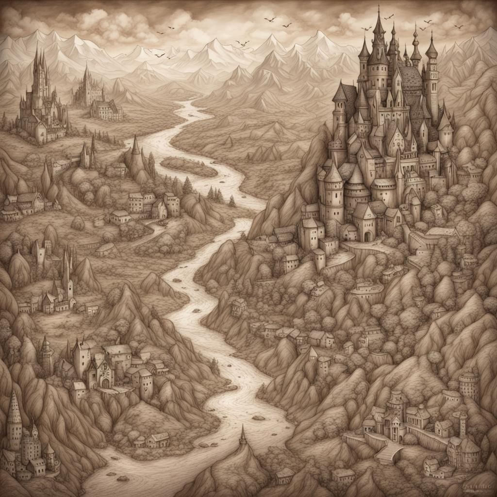 Detailed Sepia Map of a Fantasy Realm