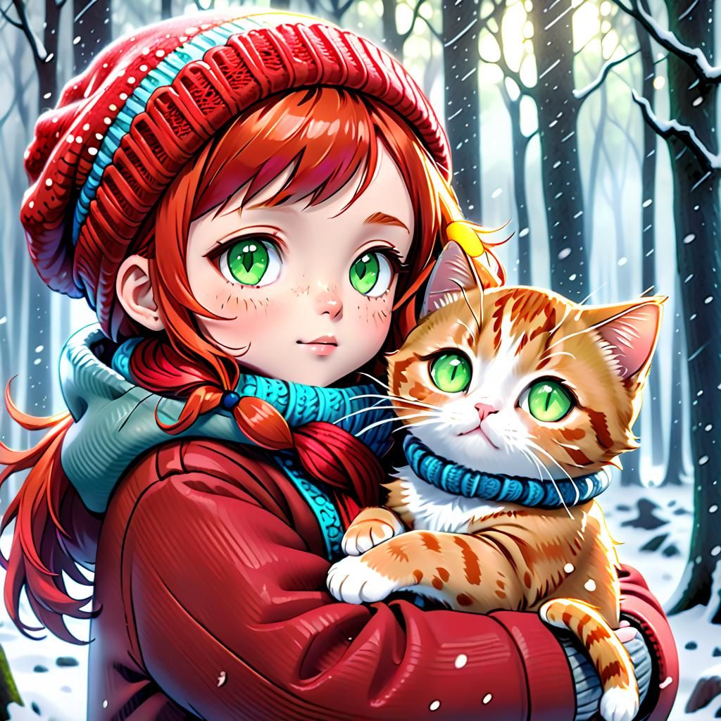 Girl with Cat Portrait in Winter Snowstorm