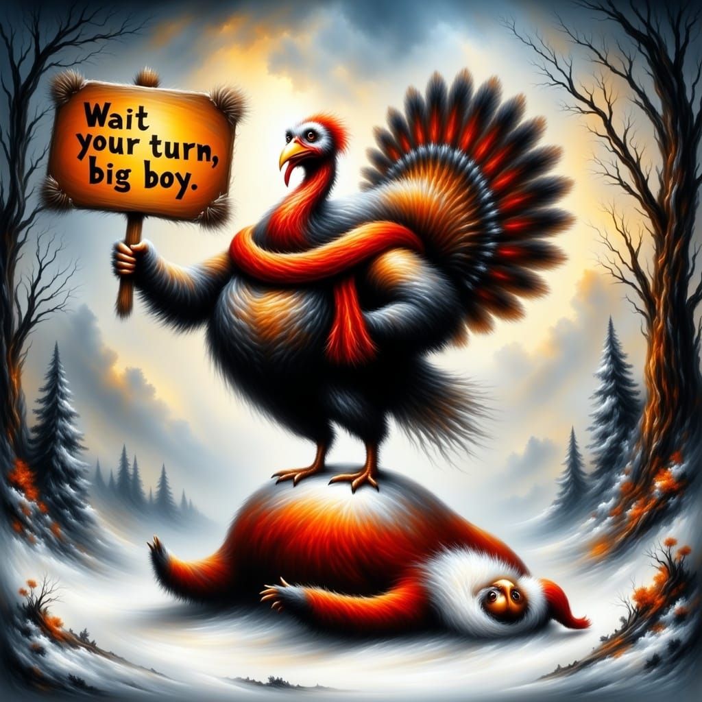 Turkey Stands on Santa in Cartoon Winter Scene