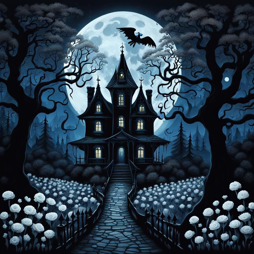 Gothic Surrealism: Ethereal Figure Over Haunted House