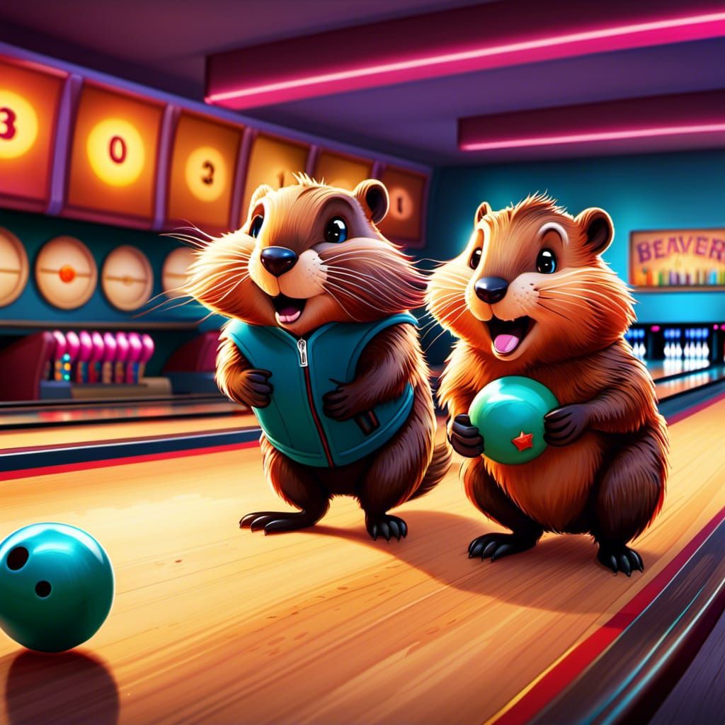 Cute Beavers Explore a Bowling Alley: Digital Art