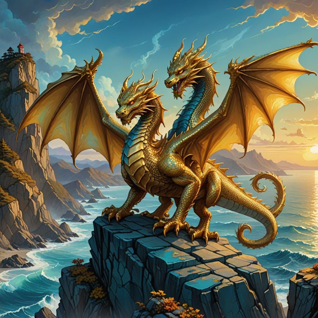 Golden Dragon on Cliff in Alcohol Ink Style