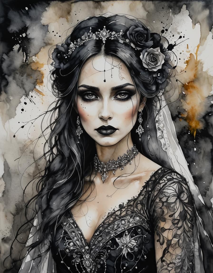 Gothic Bride in Mixed Media Watercolour Style