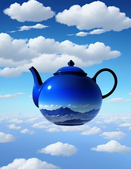 Surreal Blue Teapot Soars Through Ethereal Sky