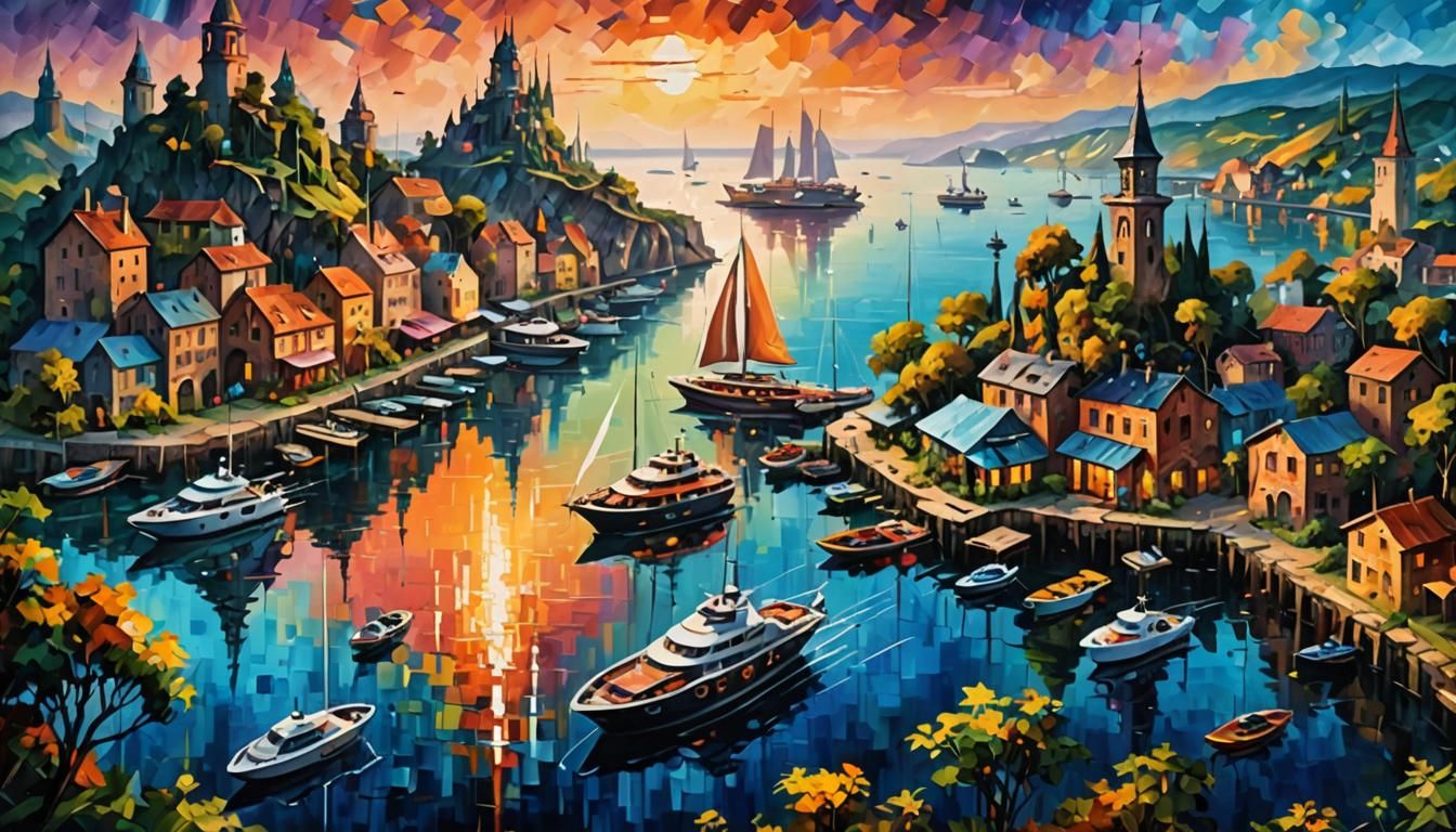 Futuristic Harbor at Sunset in Impressionistic Style