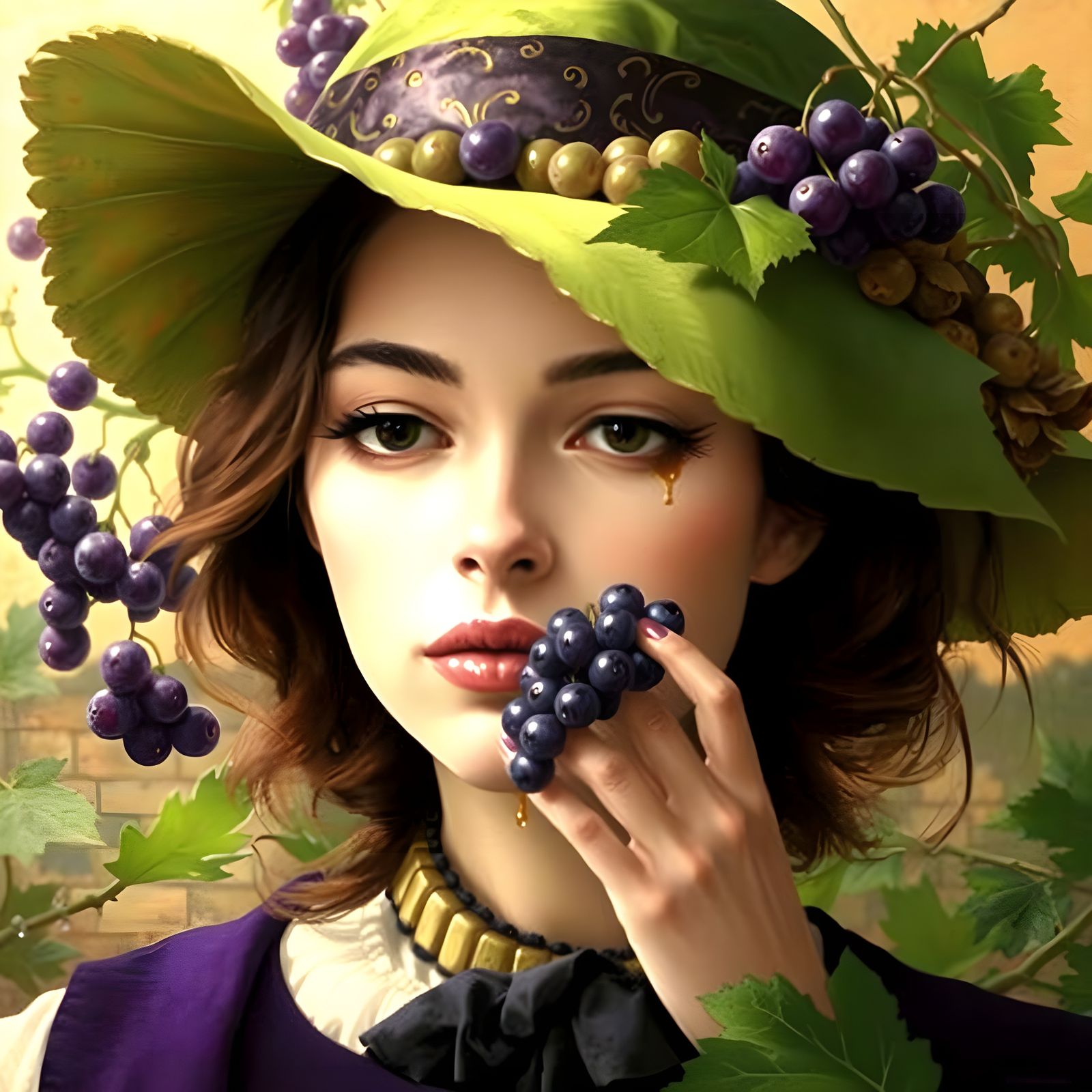 Woman Savoring Grapes in a Vibrant Still Life