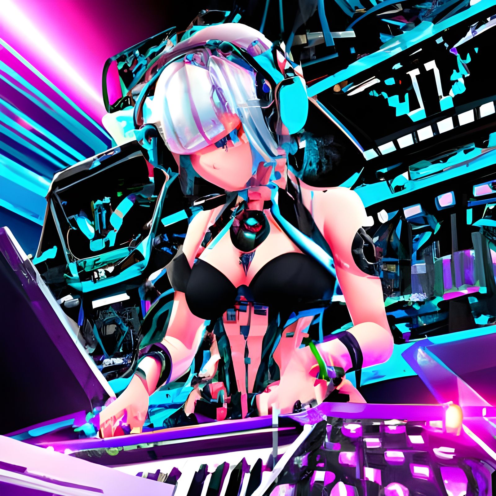 Cyborg DJ in Neon Disco: 80s Cyberpunk Anime Style