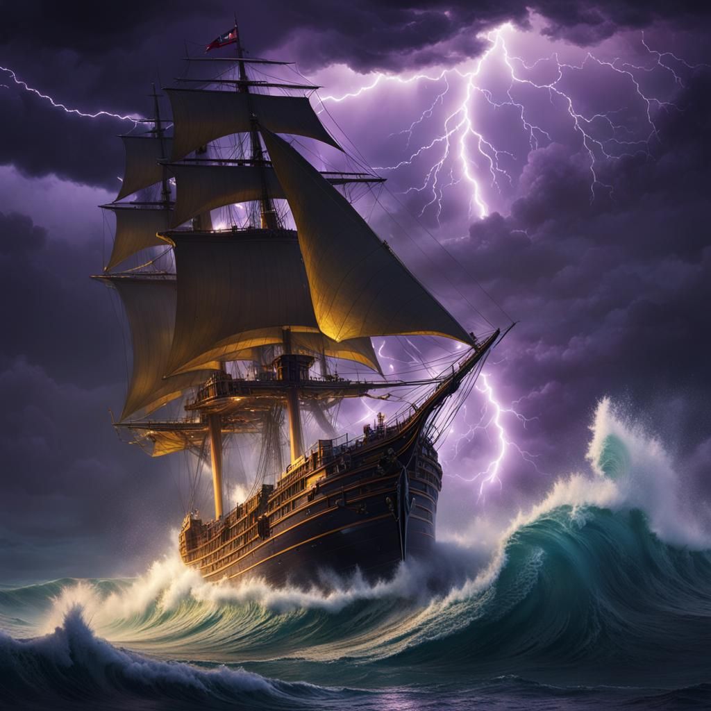Ship on Stormy Seas: Dark Fantasy Art