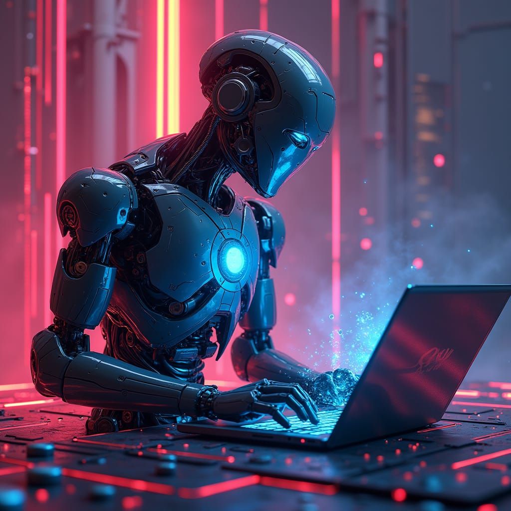 Laptop to Robot Transformation in Retro-Futuristic Style