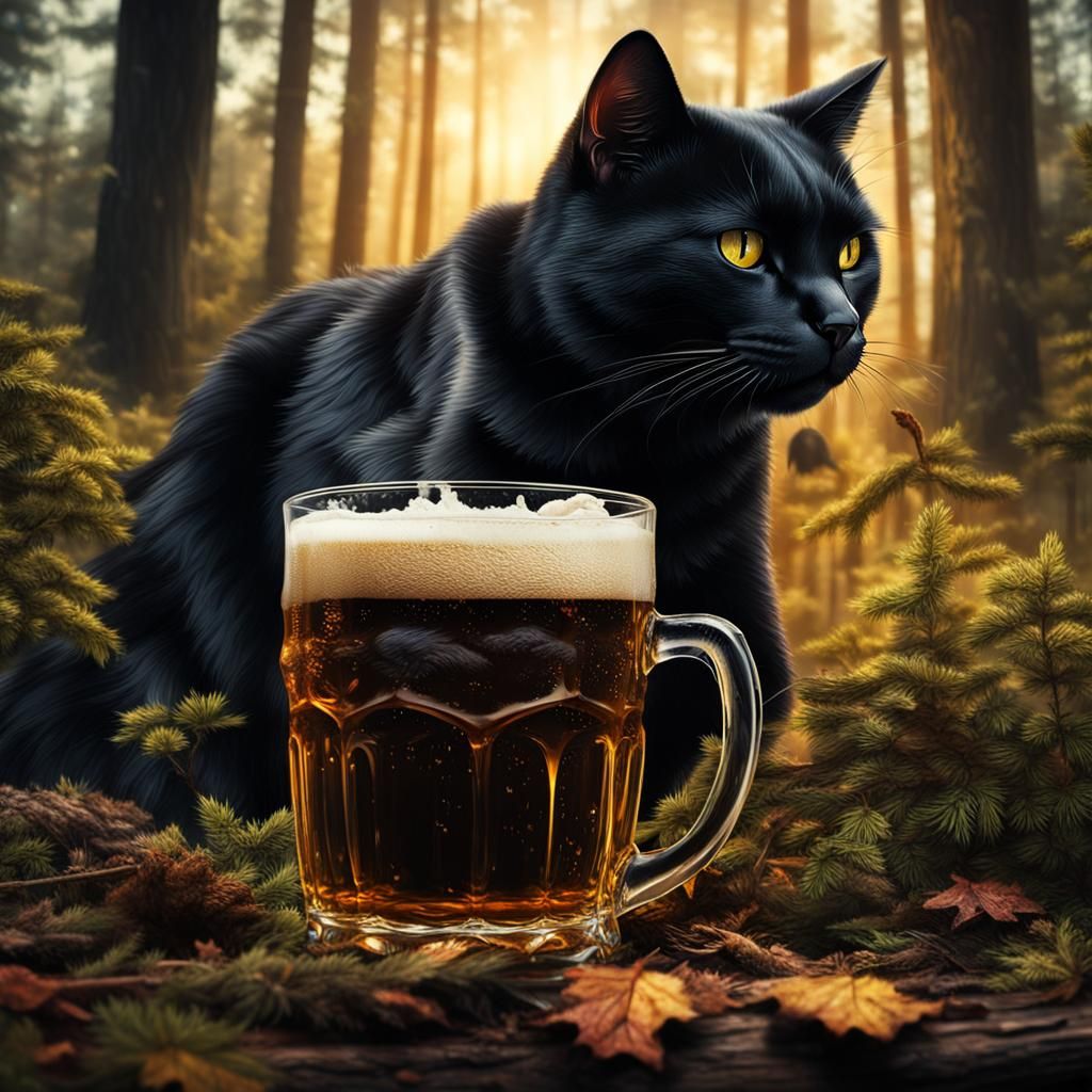 Black Cat Enjoys Beer in Forest