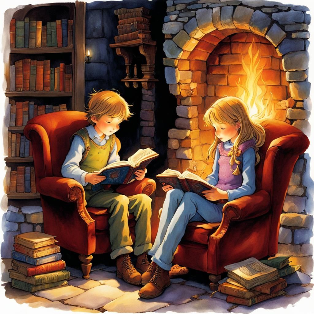 Fantasy Anime: Siblings Read by Fireplace