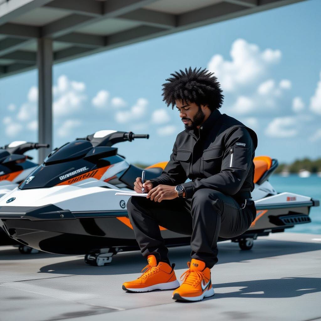Man in Jumpsuit and Orange Sneakers by Jet Skis