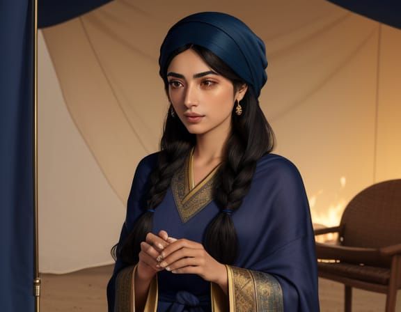 Serene Persian Woman in Desert Oasis at Twilight