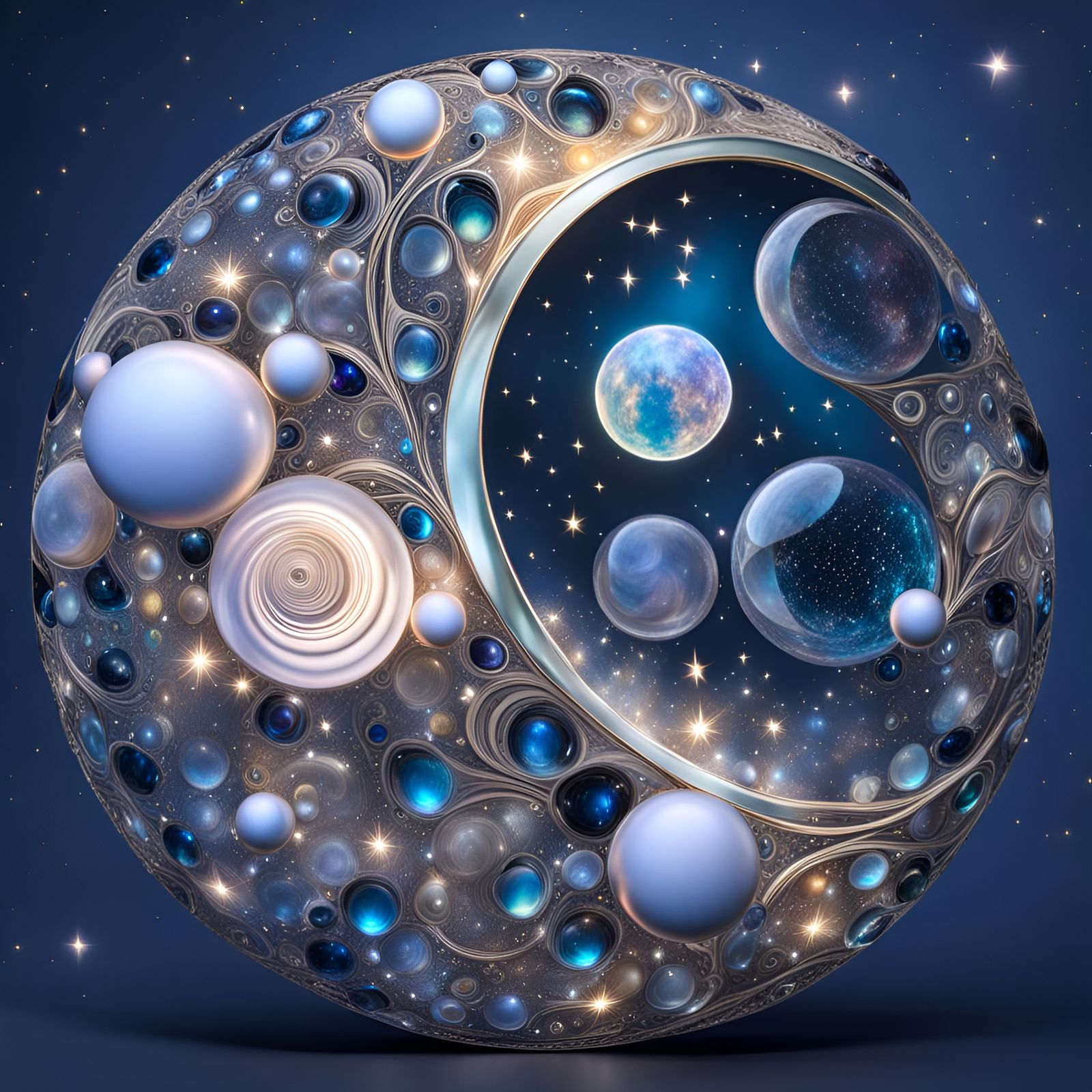 Glass Moon Containing Micro Planet as Holographic Art