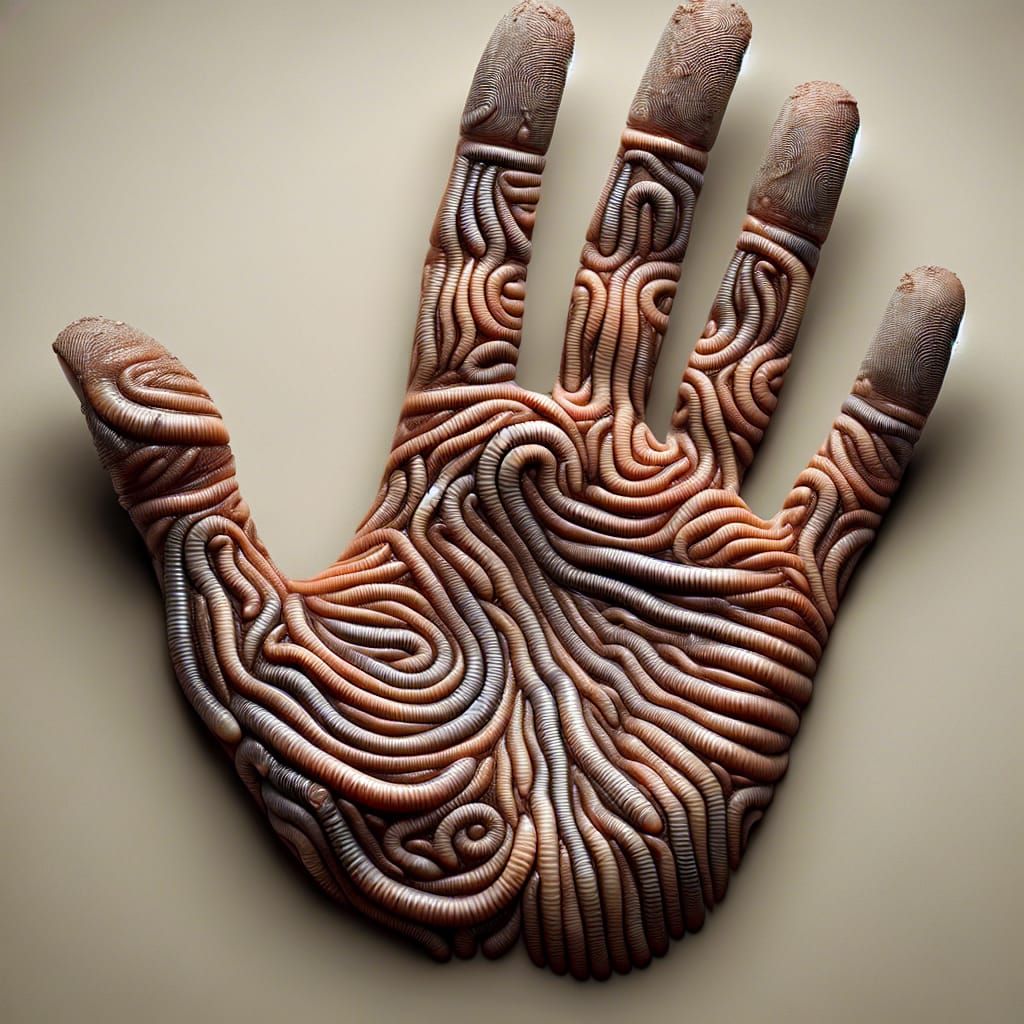 A  hand print with the whorls made of worms.
