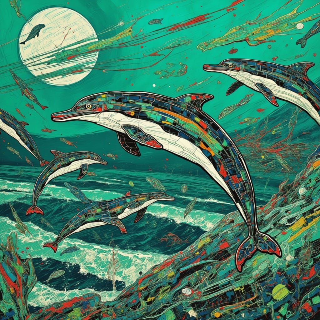 Dolphins Amidst a Cyberpunk Cityscape