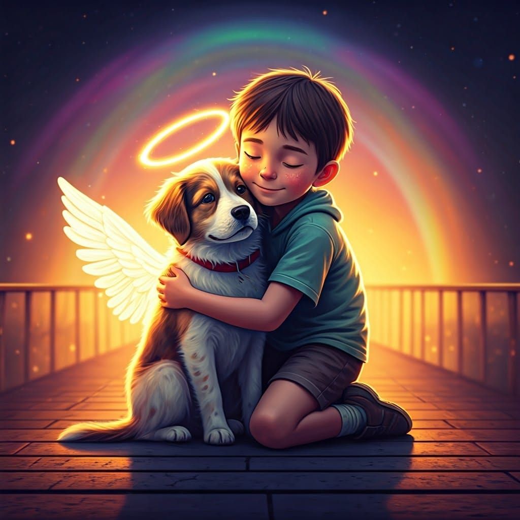 Boy and Dog on Rainbow Bridge: Hyperrealistic Art