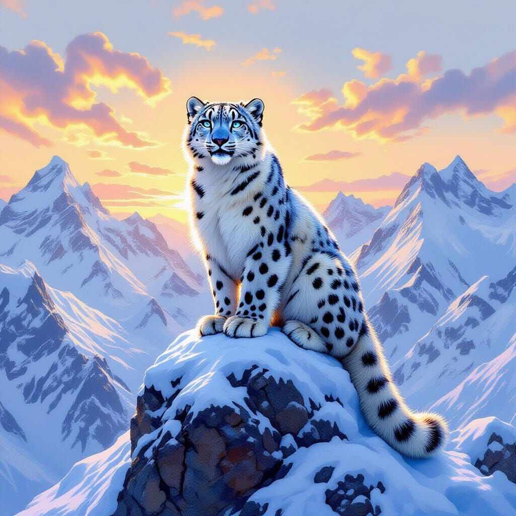Snow Leopard on Snowy Peak in Painterly Style
