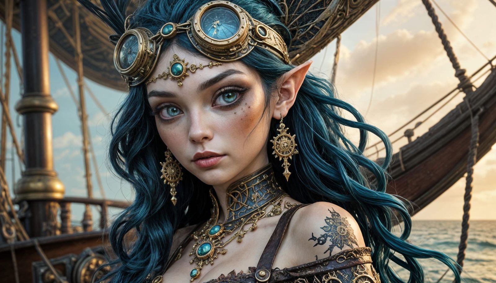 Steampunk Elf Pirate on a Vintage Sailing Boat in a Dye-Tran...