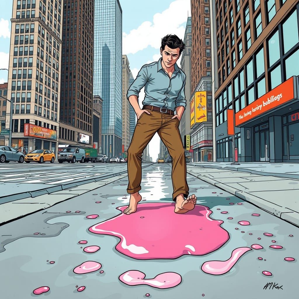 Man Stuck in Bubblegum Puddle on City Sidewalk