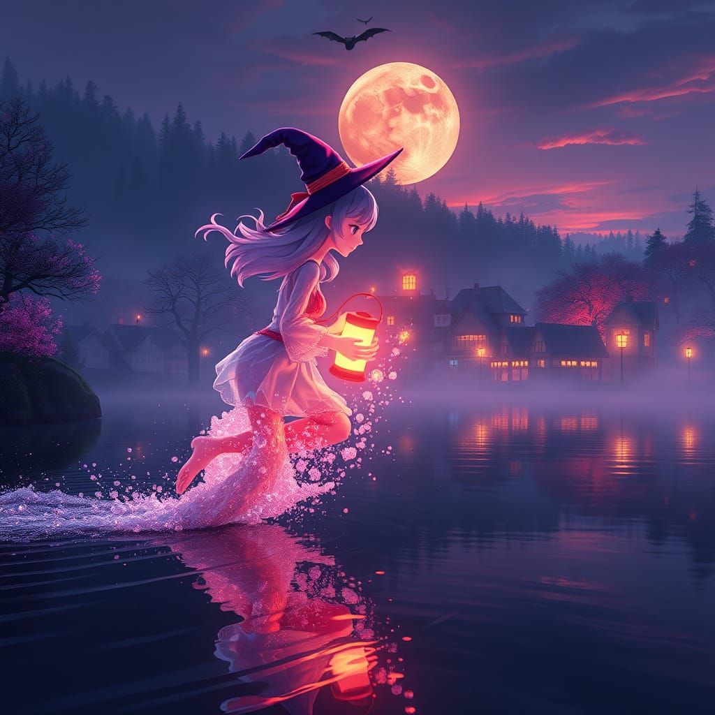 Ethereal Witch Zooming Towards Dark Forest in 3D Anime Art