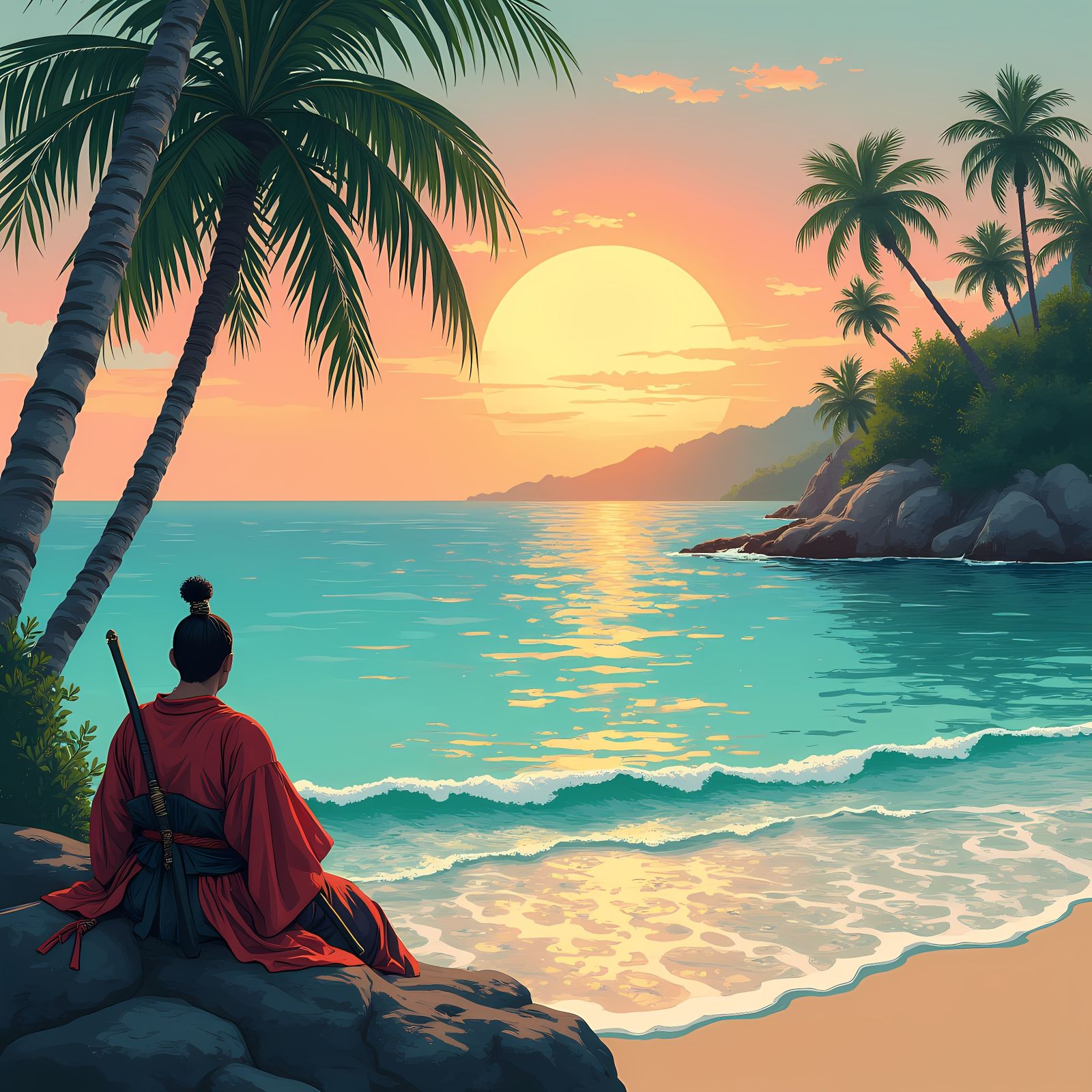 Samurai Relaxing by the Bali Sea