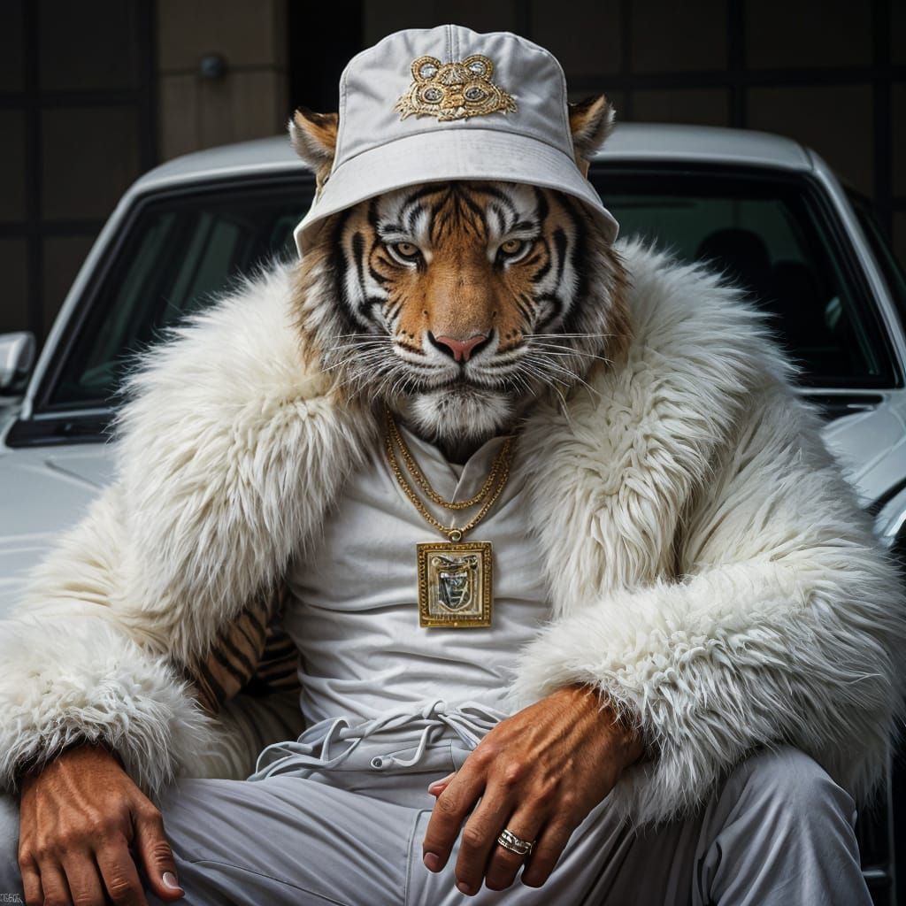 Opulent Tiger-Headed Figure in Hip-Hop Style