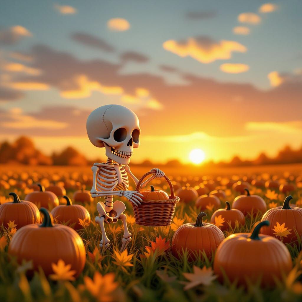 Cute Skeleton Collecting Pumpkins at Sunset