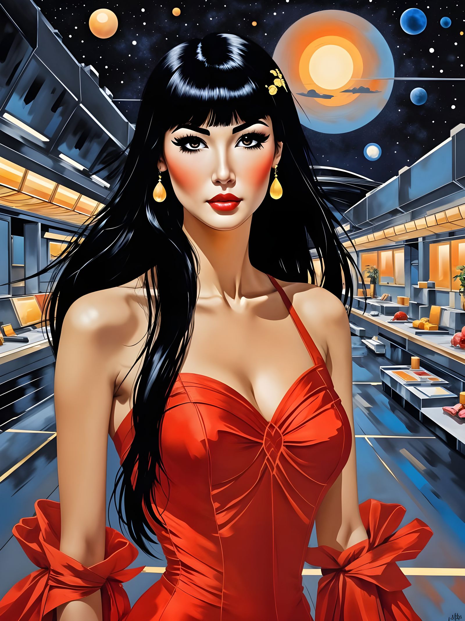 Space Goddess in Cosmic Beauty with Crescent Moon Earrings