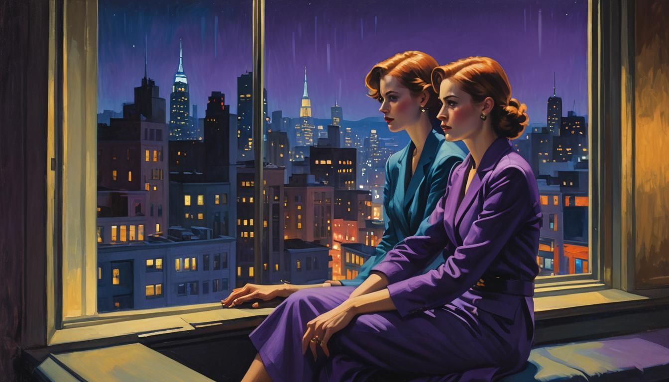 Contemplative Woman Gazing at City Lights, Hopper-Inspired
