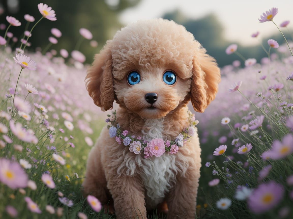 Fluffy Poodle Puppy with Sparkling Eyes in Kawaii Style