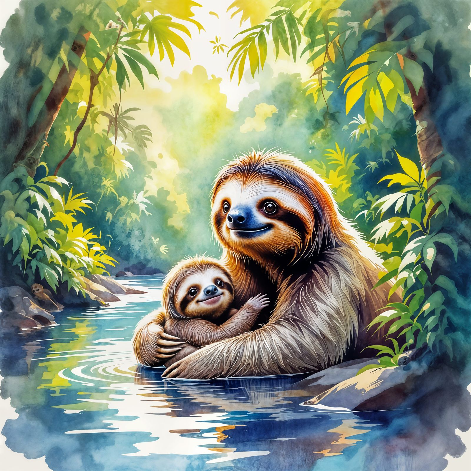 Adorable Baby Sloth With Mother in Lush Jungle Watercolor