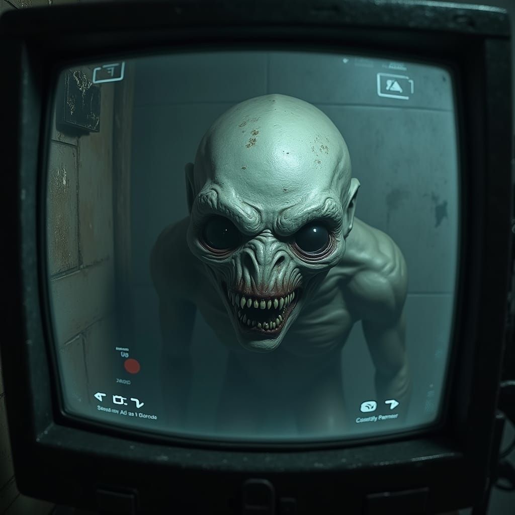 Sinister Pale Monster Stares into Surveillance Camera