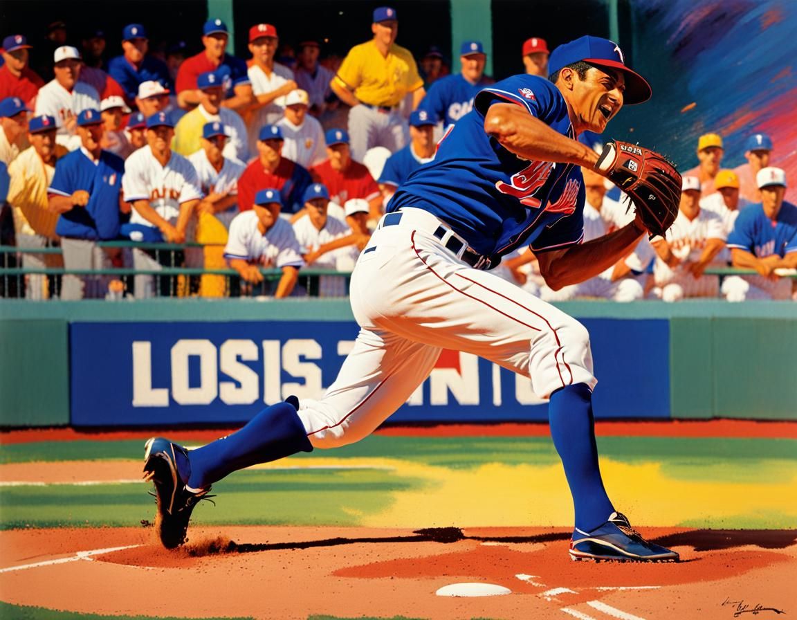 Art by Leroy Neiman, dynamic baseball action, batter mid-swing, intense focus, pitcher in powerful throw, vibrant stadiu...