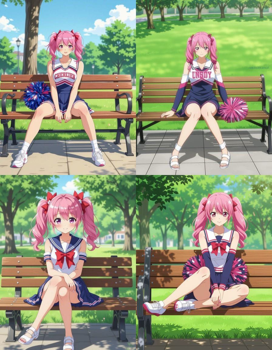 Pink Haired Cheerleader on Park Bench