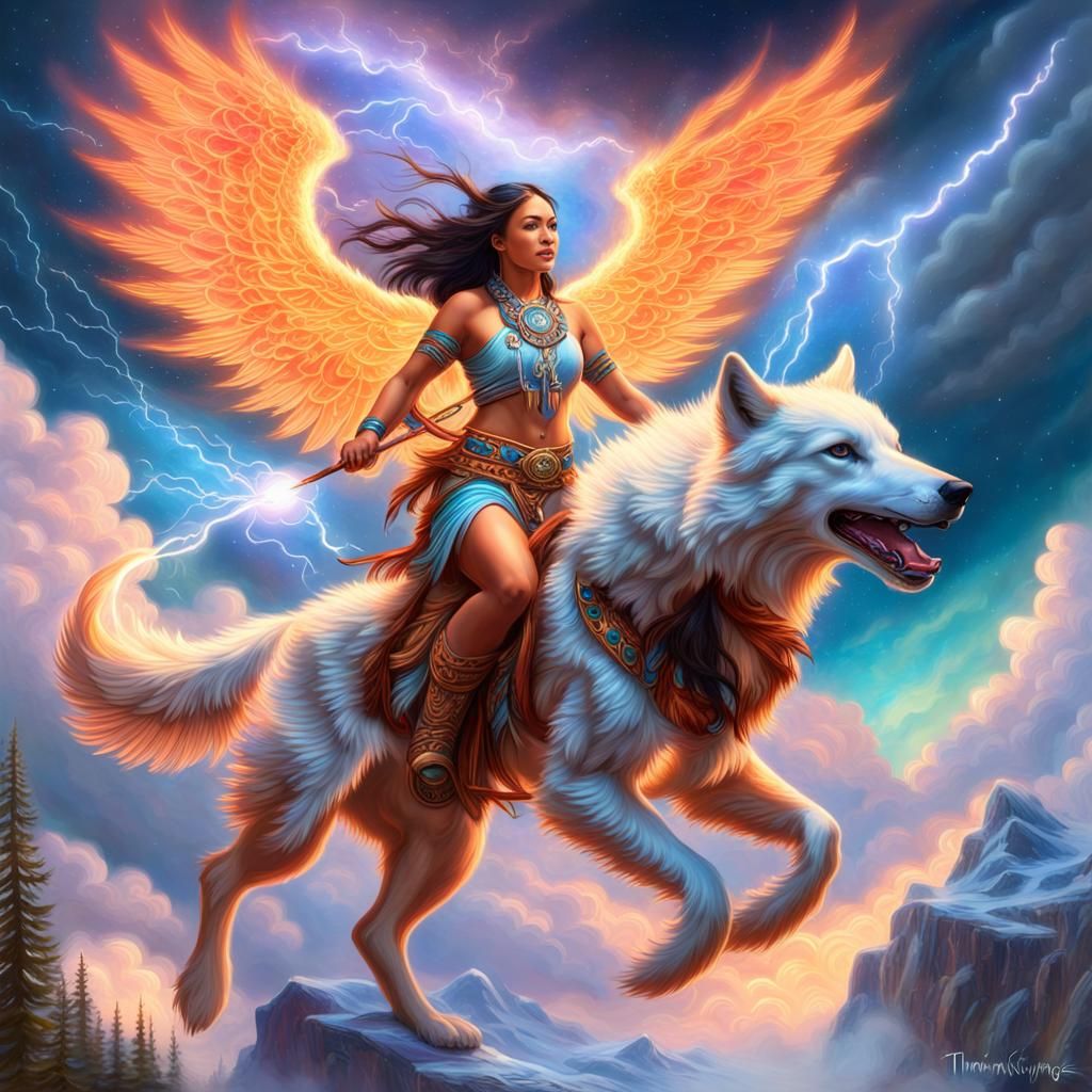 Native American Woman Rides Fire Wolf in Astral Art