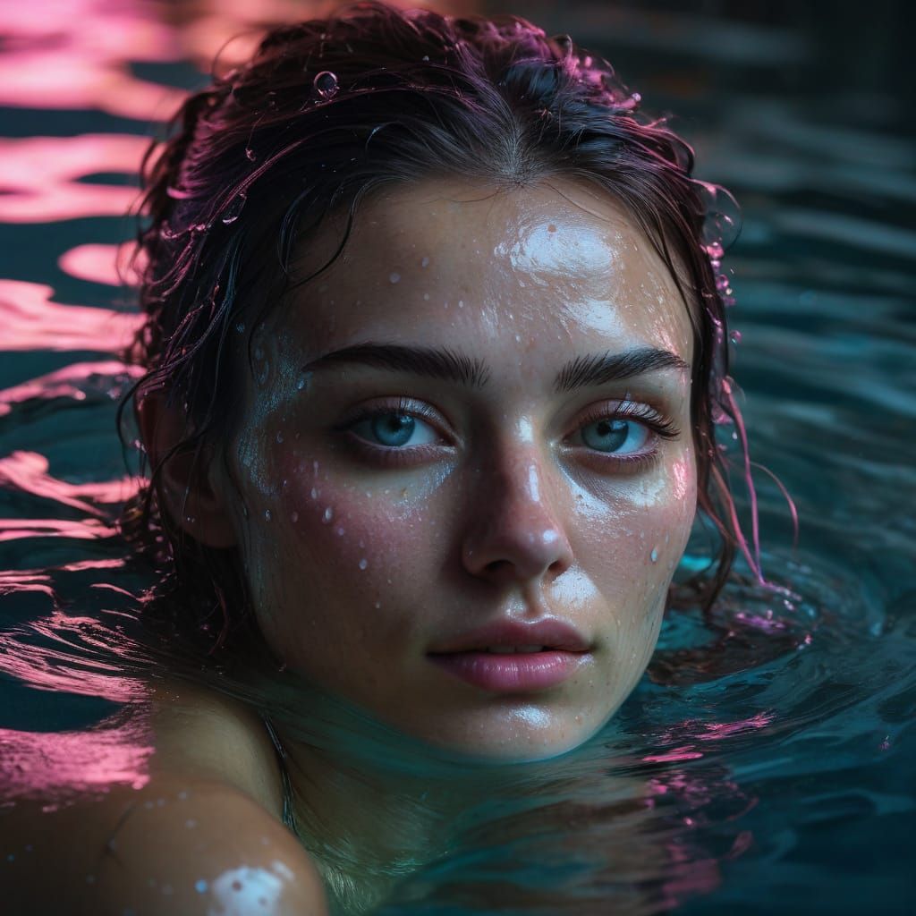 Submerged Face: Hyperrealistic Portrait in Neon Lighting